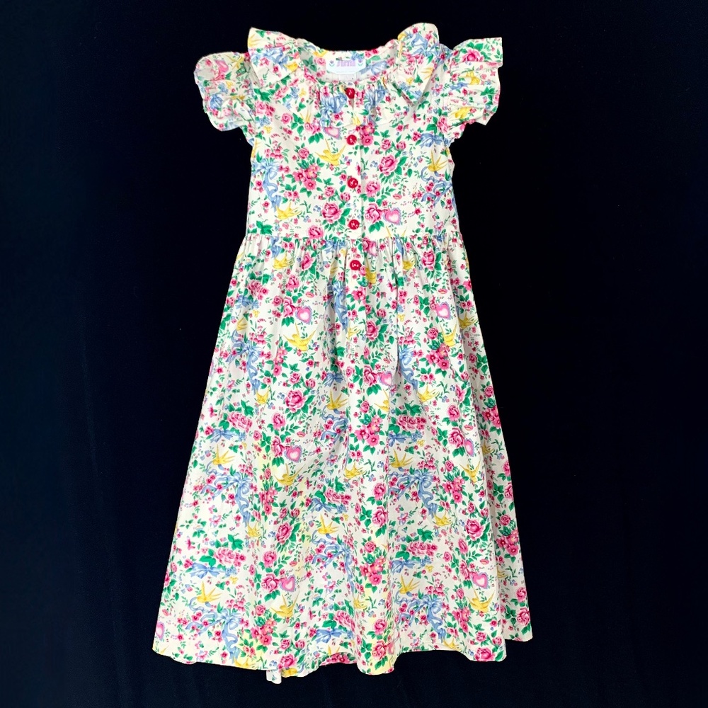 Vintage Simi Girls 10 Floral Dress Cotton Sleeveless w Ruffles Front Buttons